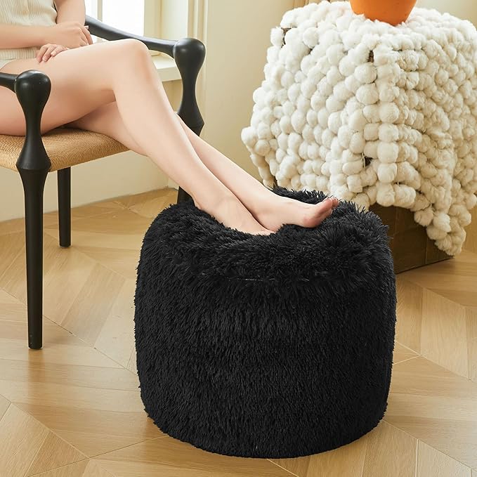 XeGe Fluffy Faux Fur Inflatable Pouf Ottoman, Comfy Portable Shaggy Fuzzy Foot Stool Anti-Slip, Plush Foot Rest Floor Pouf Home Decorative, Round Ottoman Cushion for Living Room Bedroom, Black