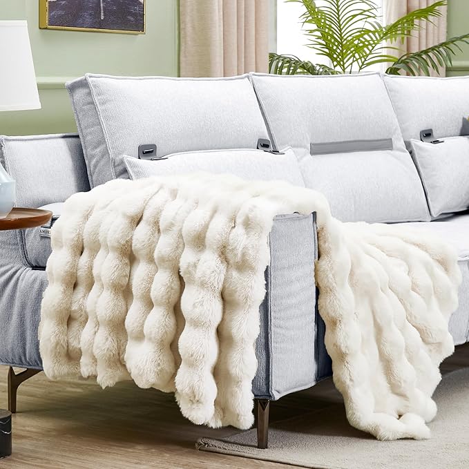 JONIYEAR Soft Fuzzy Bubble Faux Rabbit Fur Throw Blanket for Couch 50" x 60", Double Sided Textured Warm Fluffy Blanket for Winter, Luxury Cozy Puffy Shaggy Comfy Furry Blankets for Chair, Cream White