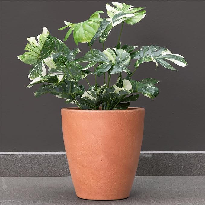 Elly Décor 12 inch Planter for Garden with Drainage, Large Round, Lightweight & Extremely Durable, Deck Indoor/Outdoor Plastic Pot, 12"x12"x7", Terracotta