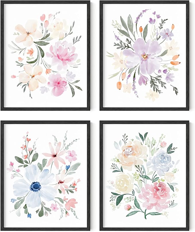 Haus and Hues Flower Wall Decor - Set of 4 Floral Wall Art, Floral Wall Decor, Flower Wall Art, Framed Flower Painting, Floral Pictures Wall Decor, Flower Pictures Wall Decor (Framed Black, 8x10)