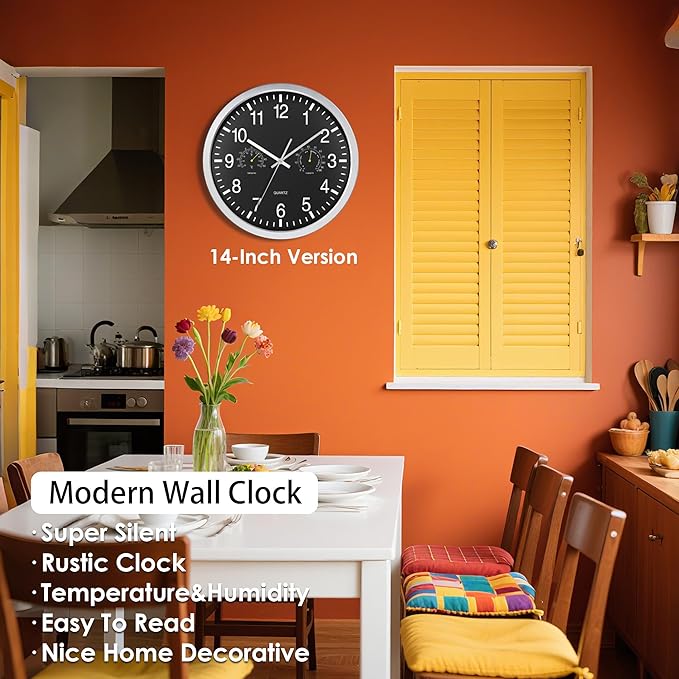 AYRELY® 14 Inch Silent Large Wall Clock with Temperature & Humidity – Battery Operated Decorative Clock for Home, Kitchen, Bedroom (Black, 14 Inch)