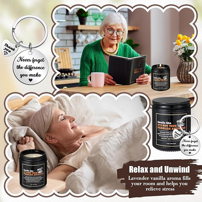 Retirement Gifts: Funny Scented Candle & Keychain for Men, Women, Coworkers & Family