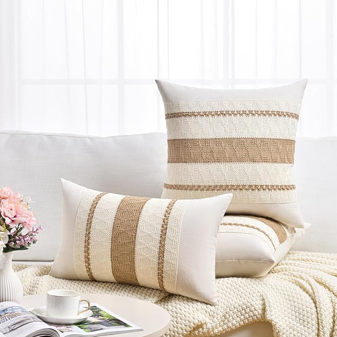 Fancy Homi Set of 2 Boho Neutral Decorative Throw Pillow Cover 20x20 Inch for Couch Bed Sofa, Aesthetic Modern Organic Farmhouse Home Decor, Soft Cotton Cute Accent Macrame Woven Tan Cushion Case
