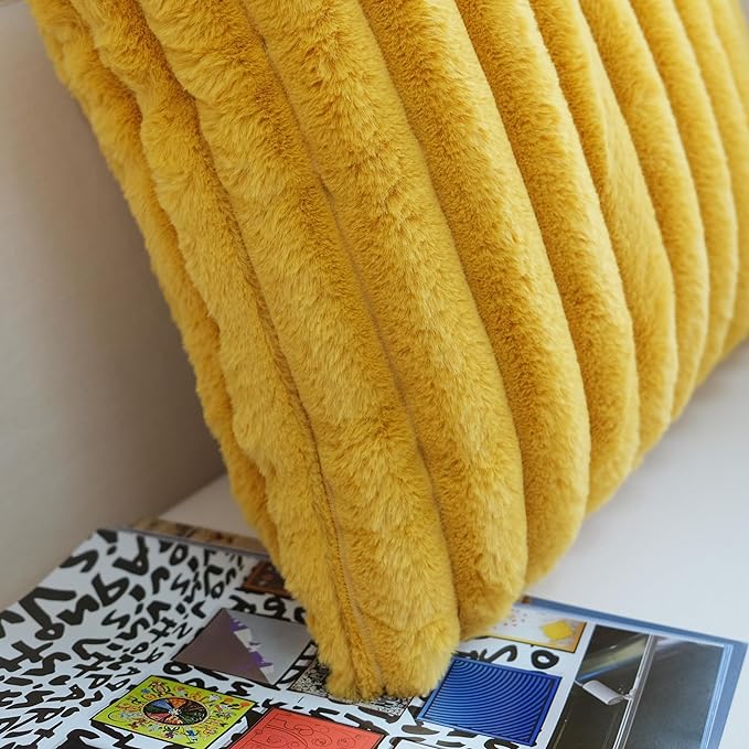 JOJUSIS Pack of 2 Faux Fur Plush Decorative Throw Pillow Covers Couch Cushion Case Soft Pillowcases (Mustard Yellow, 22 x 22-Inch)