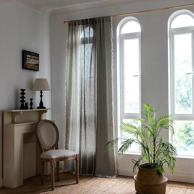 Sutuo Home Boho Curtains for Kitchen Nursery Room, Semi Blackout Linen Farmhouse Shabby Chic Tassels Window Treatment Bohemian Embroidery Drape, Rod Pocket 1 Panel 52" W x 63" L, Gray Linen