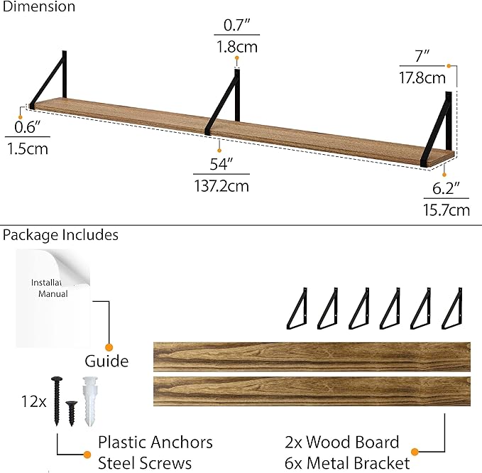 Wallniture Bora 54"x 6" Wall Shelves for Living Room, Bookshelves Wall Mounted, Wood Floating Shelves, Burnt, Wood, Set of 2