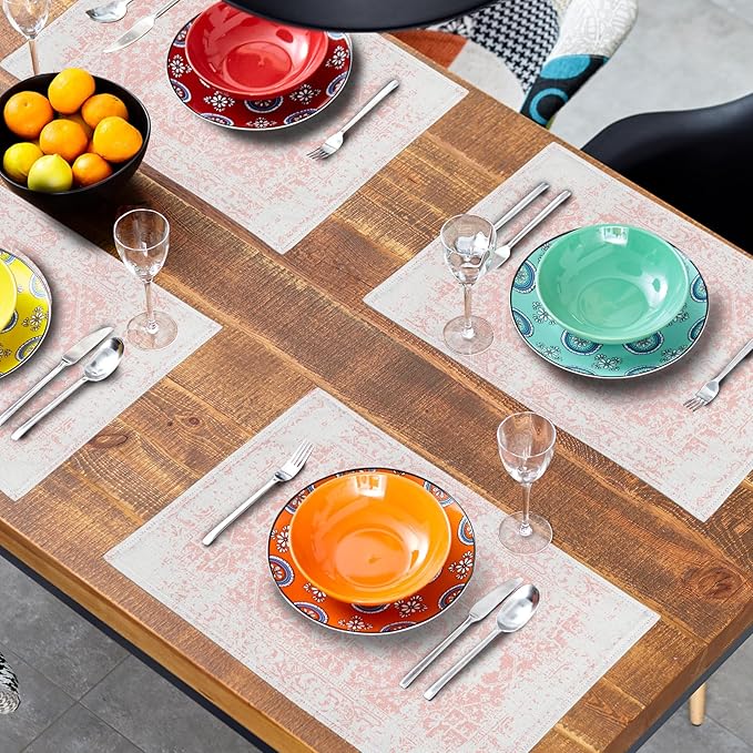 Gray Pink Boho Placemats Set of 6 Ethnic Bohemian Carpet Place Mats Washable Kitchen Dining Vintage Grey Geography Floral Linen Table Mats Stain Heat-Resistant for Home Party Indoor 12x18 in