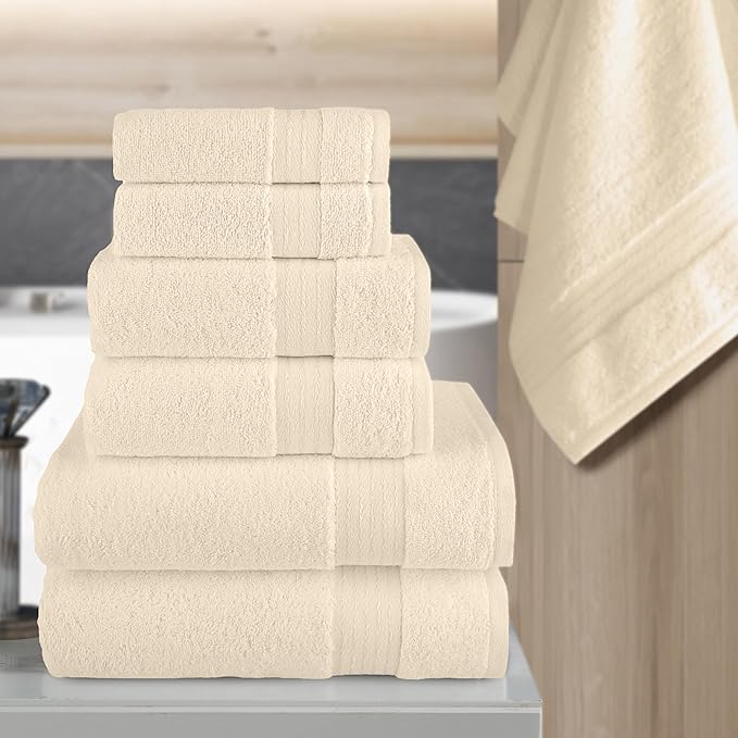 Elegant Comfort Premium Cotton 6-Piece Towel Set, Includes 2 Washcloths, 2 Hand Towels and 2 Bath Towels, 100% Turkish Cotton - Highly Absorbent and Super Soft Towels for Bathroom, Ivory