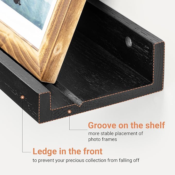 Floating Shelves Wall Mounted Set of 2, Modern Black Wall Shelves for Storage with Lip, Display Picture Ledge Shelf for Bedroom Kitchen Bathroom Living Room Nursery Display