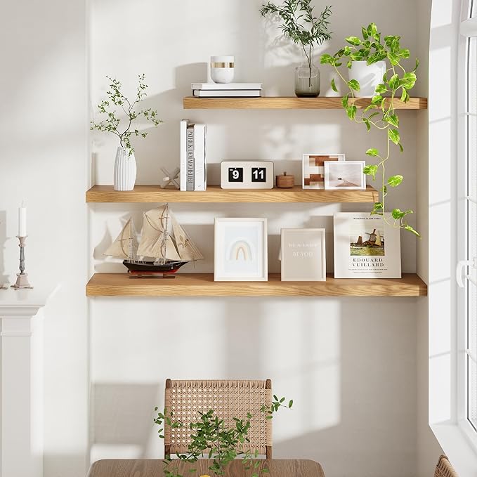 48"W x 9"D Floating Shelves Set of 2, 9.3 Inch Deep Floating Shelves Wall Mounted, Wide Wall Shelves Invisible Bracket, Deep Storage Shelves for Living Room, Bathroom, Kitchen, Oak Color