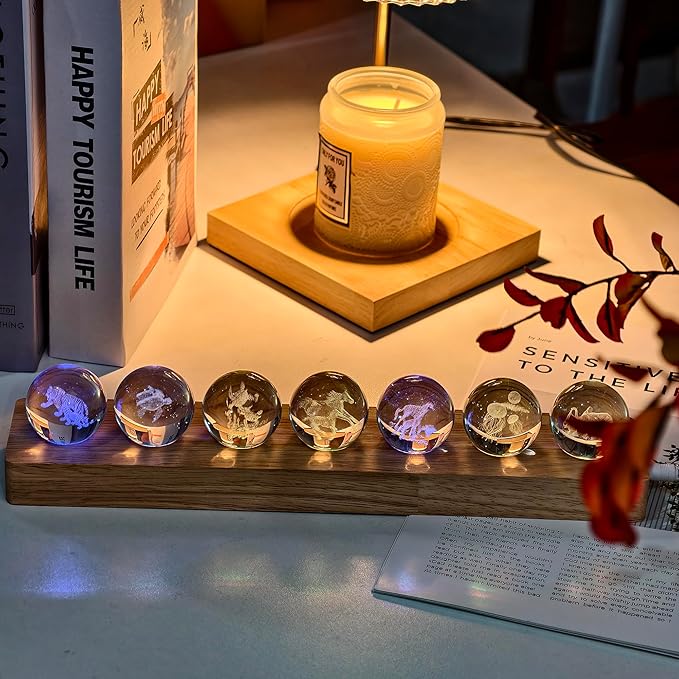 7 Glass Laser Balls with LED Wooden Base 3D Crystal for Mother Son Theme Lights Up as Night Light for Room Decoration, Gifts for Women - Healing Spheres for Meditation in Home Office on Mothers Day