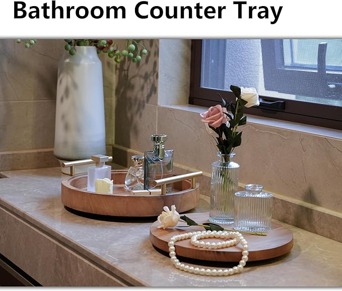 Set of 2 Wood Decorative Trays with Handles 12 Inch Round Decorative Tray for Room Decor, 2 in 1 Counter Decor Trays for Coffee Table,Round Tray for Storage and Display