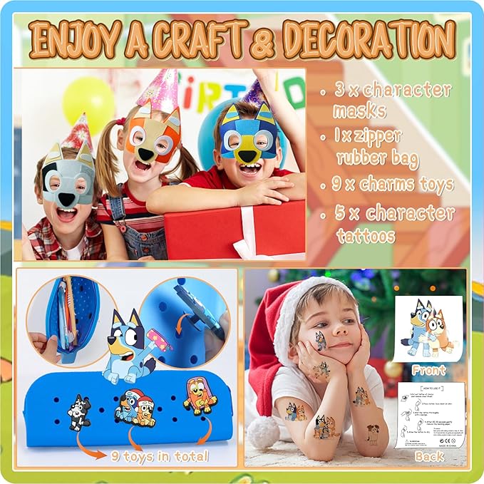 The Blue Heelers Gifts Set: Bath Bombs with Toys Inside, Shower Steamers, Felt Masks, Tattoos, Rubber Bag, Shoe Charms, Collapsible Cup, Storage Bag, Coloring, Gift Card&Sticker, Kids Best Gifts