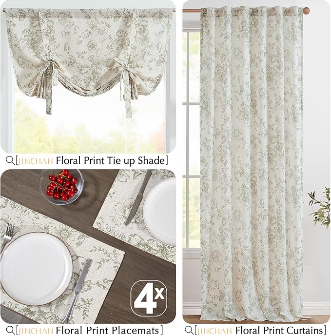 JINCHAN Floral Placemats Set of 4 Farmhouse Fall Autumn Linen Placemats Cloth Table Mats Holiday Seasonal Rustic for Kitchen Dining Table Decor Heat Resistant Washable Tablemats 13x19 Inch Green