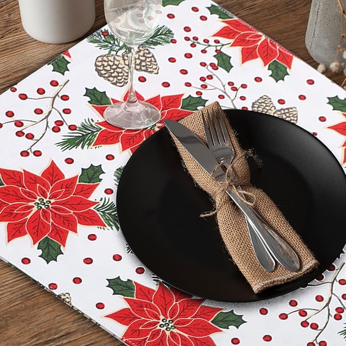 Urban Villa ChristmasPlacemats Pine Cone Print 100% Cotton Fused Placemats 14''x 20'' Over Sized Set of 6 Every Day Use Heavier QualityPlacemats