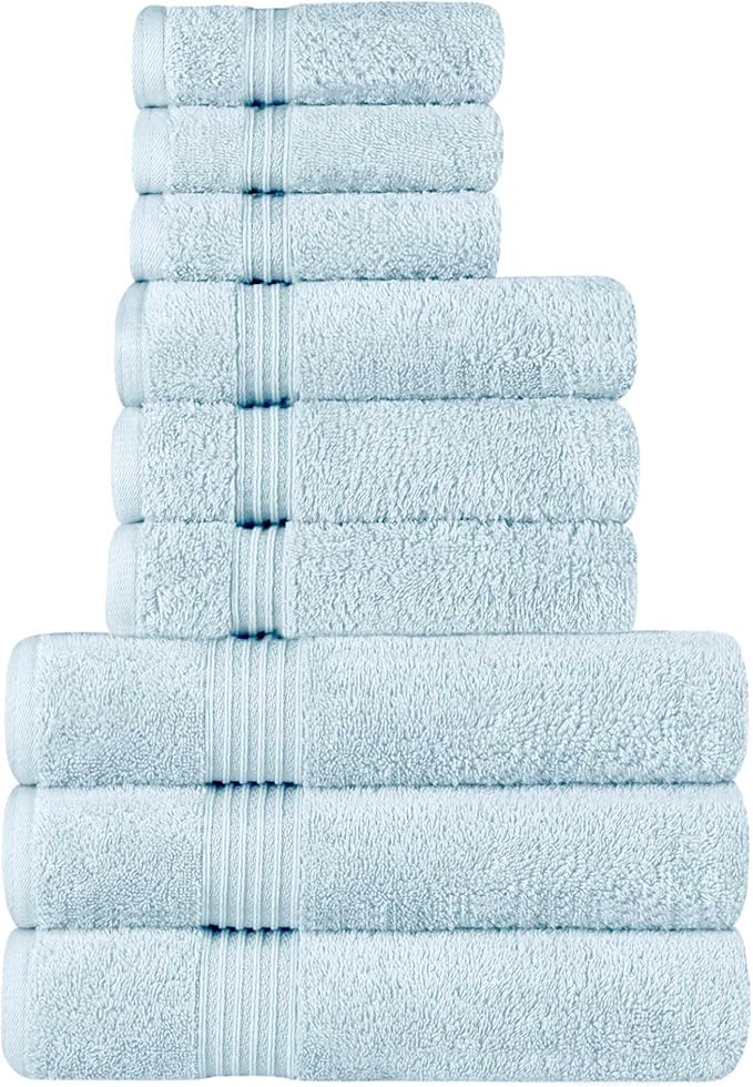 Superior Egyptian Cotton 9-Piece Towel Set, Assorted Towels for Home Bathroom, Guest Bath Decor Essentials, Includes 3 Bath, 3 Hand, 3 Face Towels/Washcloths, Quick Dry, Absorbent - Light Blue