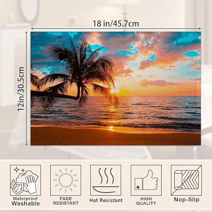 Tropical Palm Placemats Set of 6,Sunset Trees Sea Beach Table Mats Non-Slip Heat Resistant Washable Placemat for Party Kitchen Dining Table Decoration Indoor Outdoor