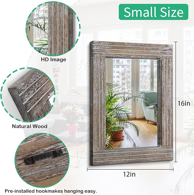 Rustic Wood Framed Wall Mirror Farmhouse Rectanglular Vintage Antique Decor Hanging Mirror for Bathroom Bedroom Living Room Entryway Small