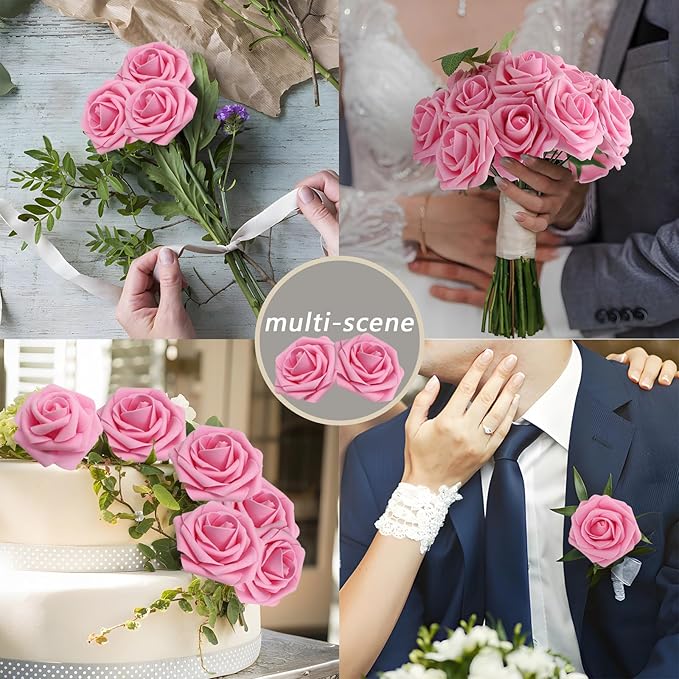 Artificial Flowers Dark Pink Roses 100PCS Real Looking Foam Fake Roses with Leaves and for DIY Wedding Bouquets Bridal Shower Centerpieces Party Decorations (Dark Pink, 100)
