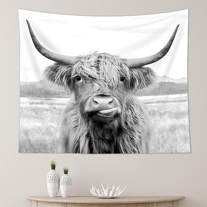 AMBZEK Highland Cow Tapestry, 51Hx59W Inch, Funny Western Decor, Wall Art for Bedroom, Dorm, Living Room