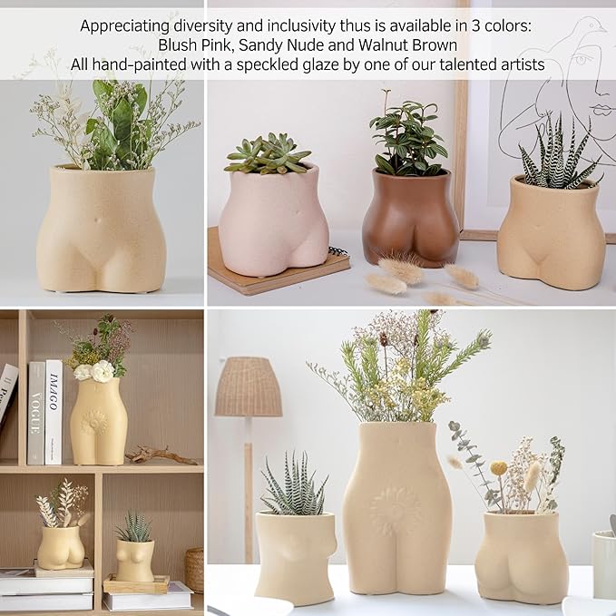 BASE ROOTS Plant Pot Ceramic Planter Vase with Drainage for Succulents, Cactus, Flowers - Ideal for Boho Indoor & Outdoor Garden, Aesthetic Living Room, Bedroom, Desk Organizer Decor & Gift Idea