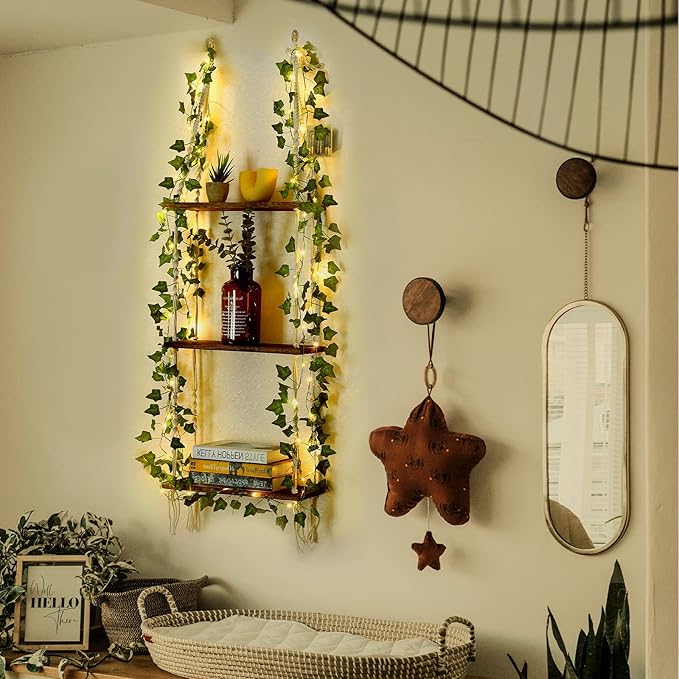 Hanging Shelf with Vine Lights, Macrame Plant Wall Shelf, Wall Storage with Handmade Woven Ropes, 3 Tier Floating Shelf, Boho Room Decor Aesthetic for Succulents, Bedroom, Living Room, Bathroom