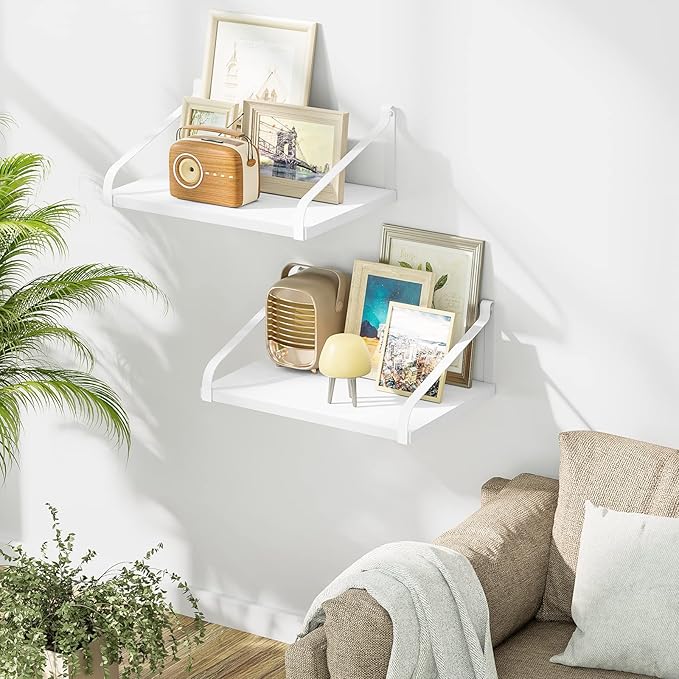 Love-KANKEI Floating Shelves Wall Mount Rustic Solid Wood Wall Shelves with Large Storage L16.5 x W12 inch for Kitchen Living Room Bathroom Bedroom Set of 2 White and White Brackets