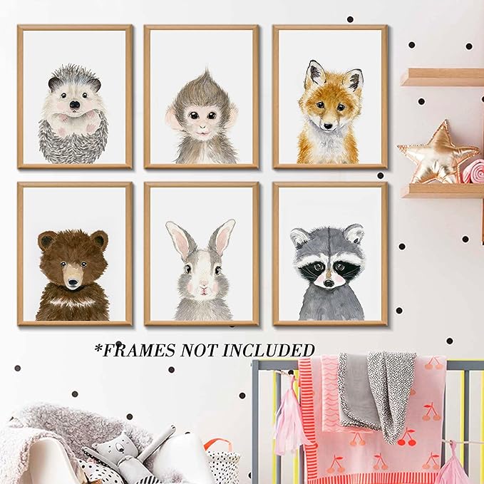 Little Orchard Nursery Room Wall Art: Cute Safari Animal decorations - Bear, Fox, Rabbit, Fawn for Baby Bedrooms