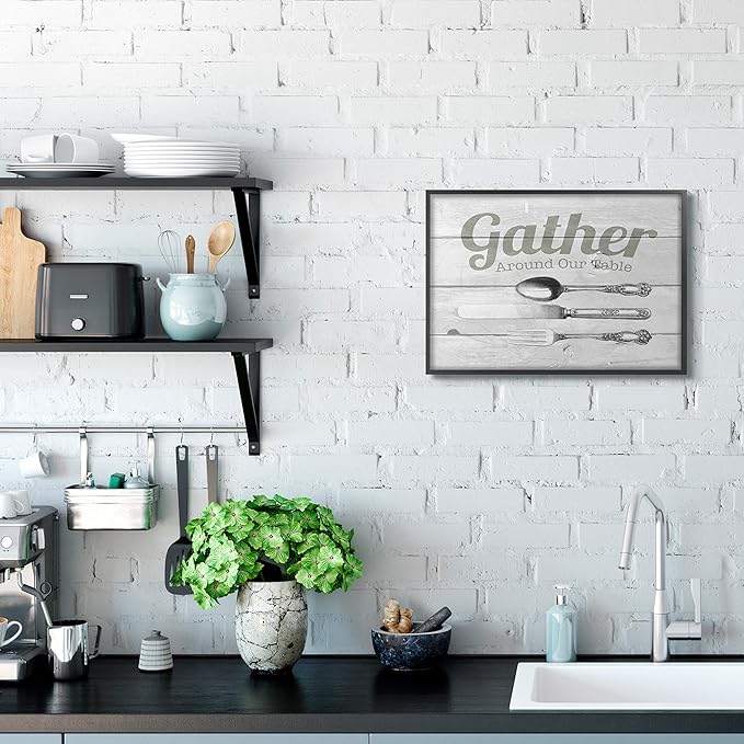 Stupell Industries Gather Silverware Kitchen Wood Texture Word, Design by The Saturday Evening Post Wall Art, 16 x 20, Black Framed