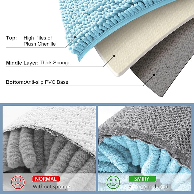 Smiry Luxury Chenille Bathroom Rugs 40x32, Extra Soft and Absorbent Shaggy Bath Mat, Machine Washable, Non-Slip Plush Carpet Runner for Tub, Shower, and Floor, Home Decor Accessories, Sky Blue