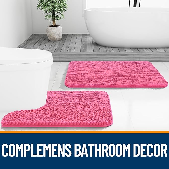 OLANLY Bathroom Rugs 24x16, Extra Soft Absorbent Chenille Bath Rugs, Rubber Backing Quick Dry, Machine Washable Bath Mats for Bathroom Floor, Tub and Shower, Home Decor Accessories, Hot Pink