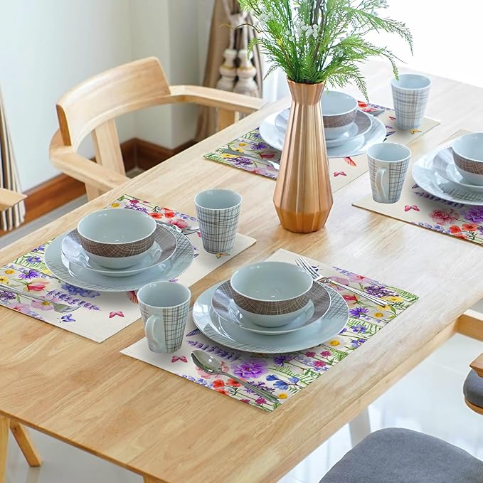 Giwawa Hummingbird Flower Placemats Set of 4, 12"x18" Watercolor Spring Herb Floral Table Mats, Wildflower Botanical Stain Resistant Washable Linen Place Mat for Kitchen Dining Party Decor