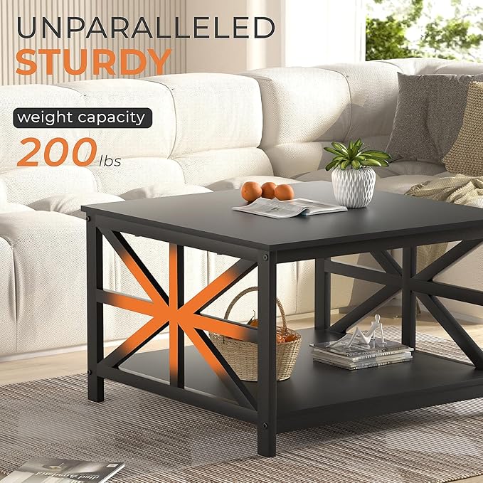 GreenForest Coffee Table with Storage for Living Room, Small Square Center Tables with Seamless One-Piece Tabletop Farmhouse Style, Black
