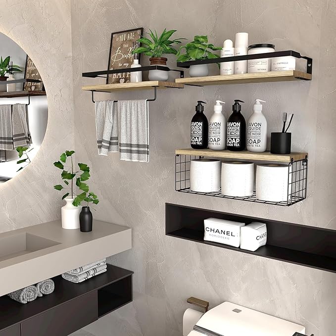 Towel Racks for Bathroom Wall Mounted, 3PCS Floating Shelves with Storage Basket, Bathroom Organizes, Wall Mounted Rustic Wood Shelves for Bedroom, Living Room, Kitchen (Wood)