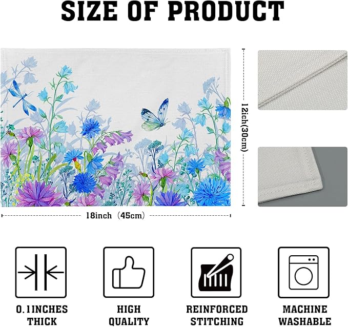 Blue Purple Floral Placemats for Dining Table Set of 4, Butterfly Decoration Spring Seasonal Washable Table Mats for Home Party Kitchen Indoor 12 x 18 Inch