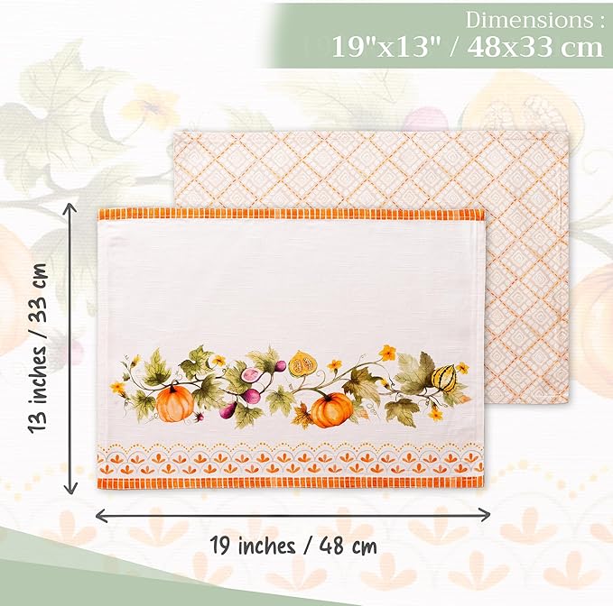 Maison d' Hermine Placemats Set of 4 100% Cotton Washable Cloth Place Mats, Reusable Table Mats for Kitchen Dining Decoration, Party, Wedding, Restaurant (Pumpkin Garden - Cloudy Cream, 13" x 19")