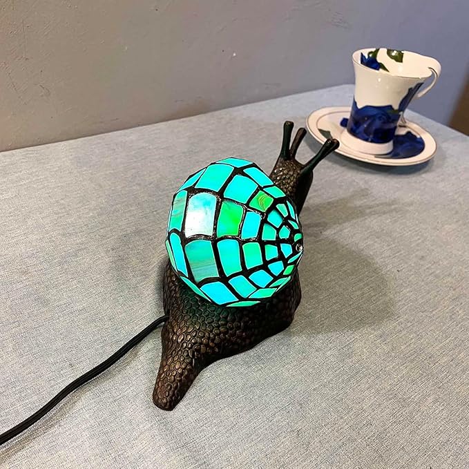 Bieye L10975 Land Snail Tiffany Style Stained Glass Accent Table Lamp for Home Decor (Cyan, 10" D x 5" W x 5" H)