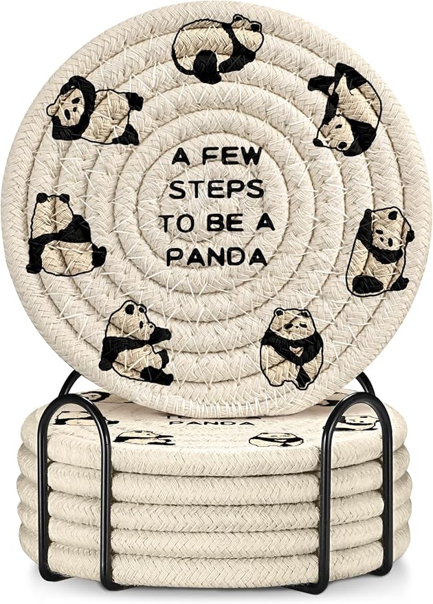 Cup Coasters for Drinks Absorbent - for Coffee Wooden Table Office Cute Farmhouse Outdoor Rustic Desk Kawaii Woven Boys Kids Women Soft Cloth Braided Fabric Animal Coaster Set of 6 with Holder