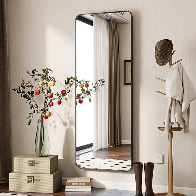 BEAUTYPEAK Black Full Length Mirror, 66"x23" Rounded Corner Floor Mirror Standing Hanging or Leaning Against Wall, Suitable for Dressing Room or Bedroom