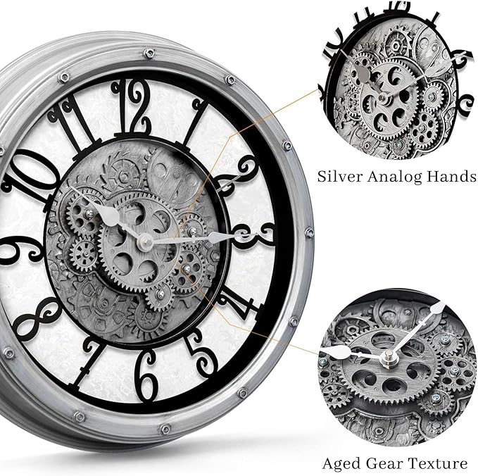 Wall Clock with Moving Gears, Vintage Industrial 16-Inch Silent Non-Ticking Steampunk Timepiece, Retro Frame Analog Battery Operated Rustic Mechanical Decor for Living Room, Home, Office, Loft(Sliver)