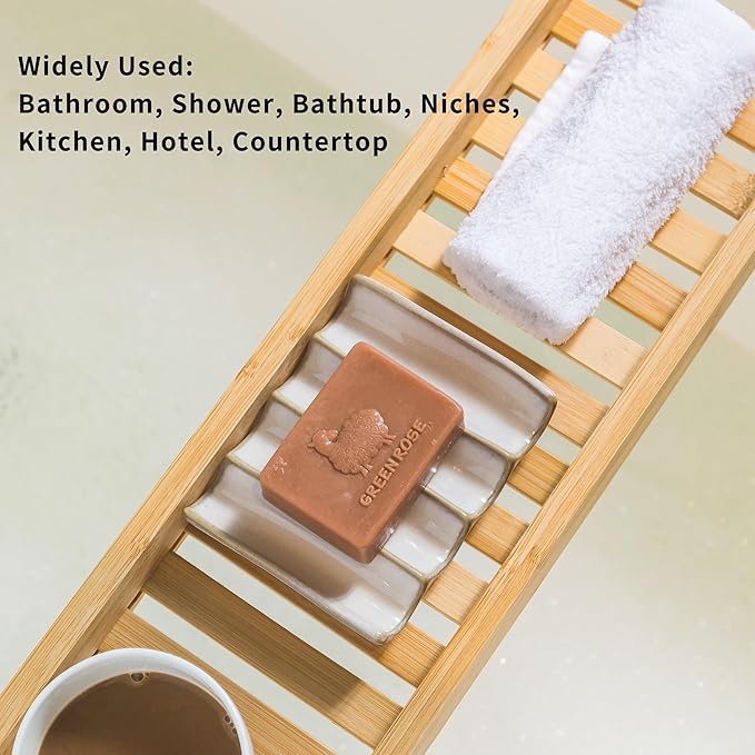 Soap Dish with Self Drain Fluted Design, Bar Soap Holder for Bathroom, Japanese Soap Tray for Shower, Bathroom and Kitchen Sink Organizer, Ceramic Soap Saver, White