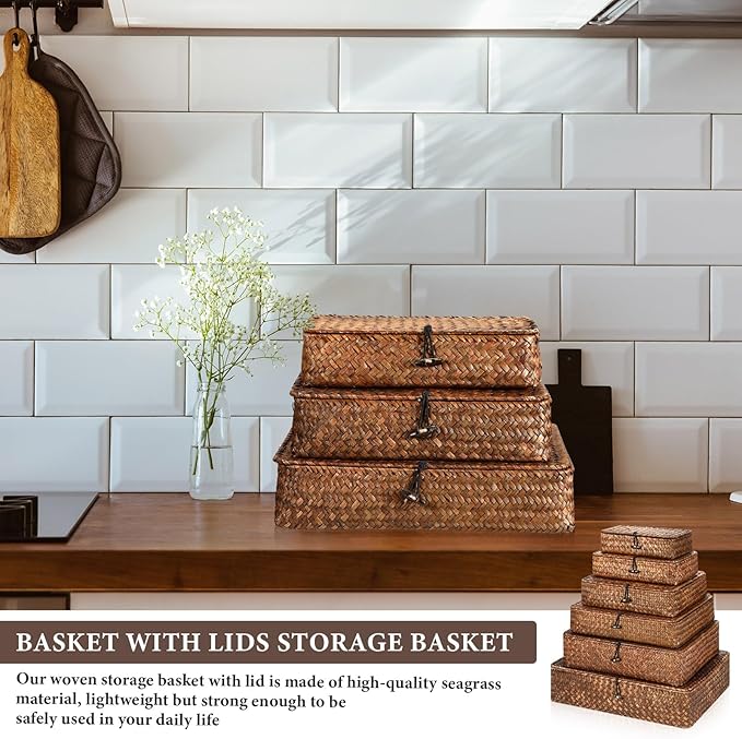 6 Pcs Seagrass Storage Baskets with Lid Large Wicker Decorative Storage Baskets Stackable Boxes Woven Rectangular Rattan Storage Bins Shelf Baskets Organizer for Closet Bedroom, Coffee