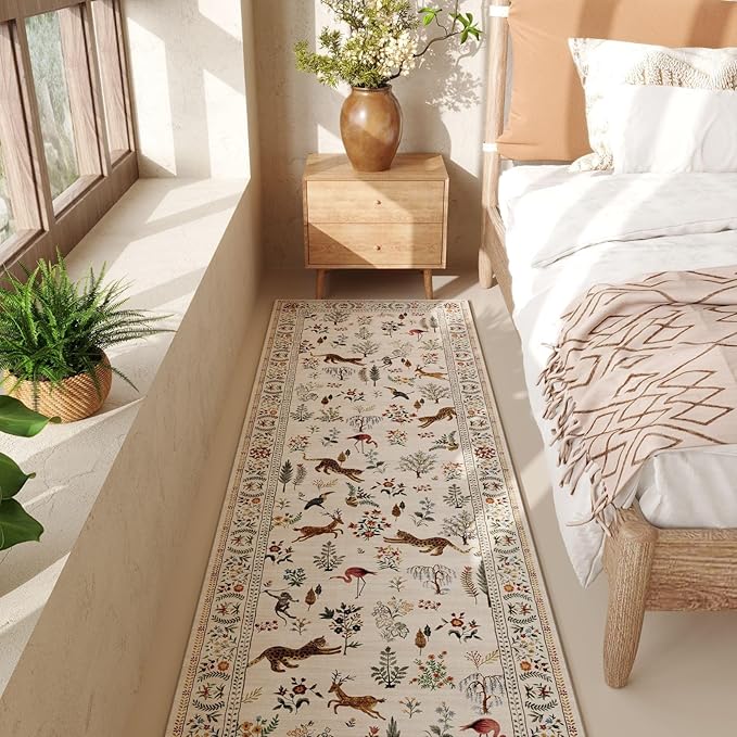 Runner Rug for Kitchen Non Slip 2'6''x8' Washable Rugs with Rubber Backing Soft Floral Animal Carpet Runner for Kitchen, Laundry, Bedroom, Bathroom (Beige)
