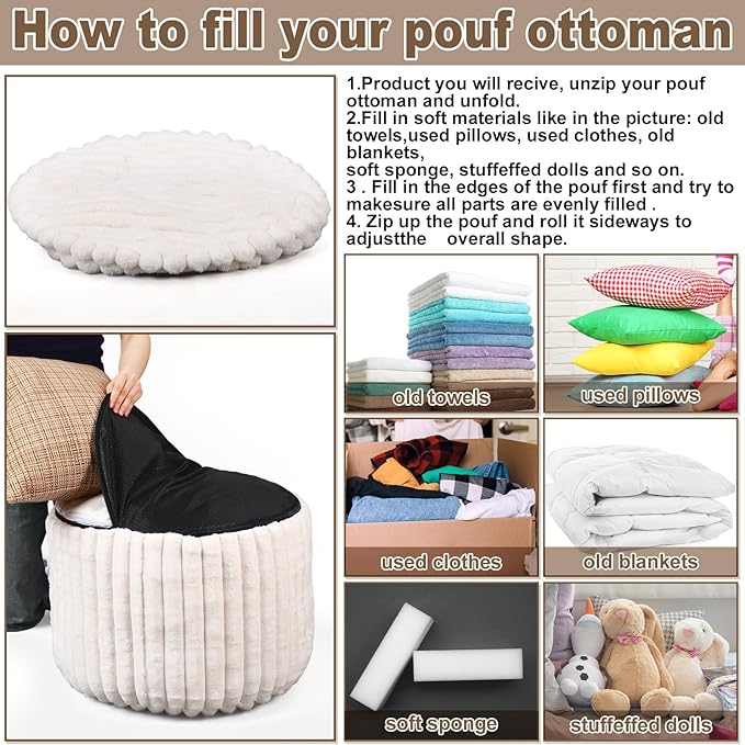 2 Pcs 20 x 15 Inch Unstuffed Pouf Cover Ottoman Foot Rest - No Filler, Faux Rabbit Fur Foot Stool Floor Bean Bag Floor Chair Storage for Living Room Bedroom Home Decor(Beige)