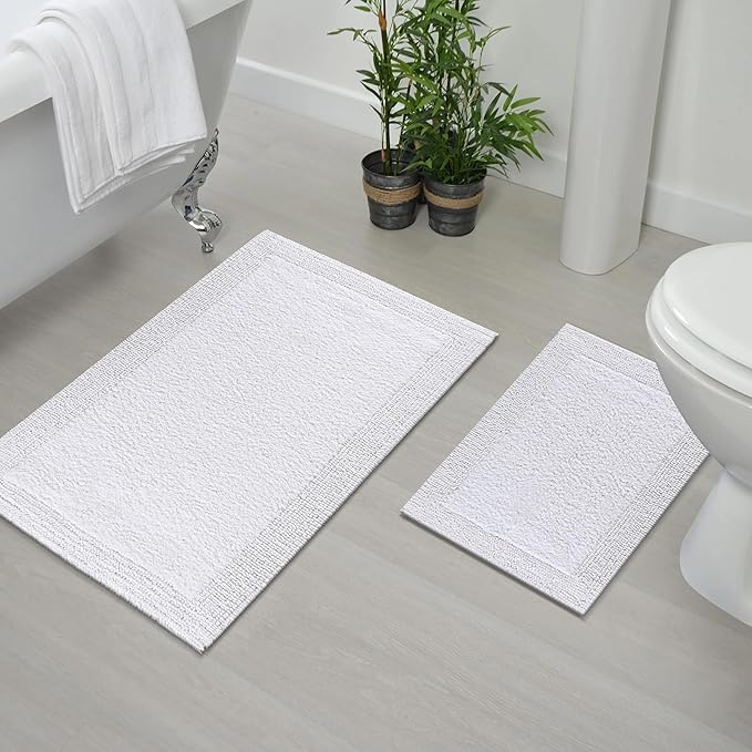 Bedding Craft Cotton Bathroom Mat Set, Reversible Water Absorbent Bath Mat Rug, Machine Washable, 2 Pieces (17x24 + 21x34)