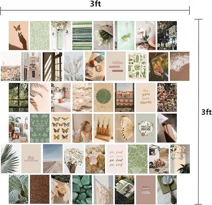 KOSKIMER Boho Wall Collage Kit Aesthetic Pictures, 50 Set 4x6 Inch, Earthy Room Decor Aesthetic, Saga Green Photo Collage Kit, Boho Posters for Teen Girl Dorm Bedroom, Trendy Collage Wall Decor