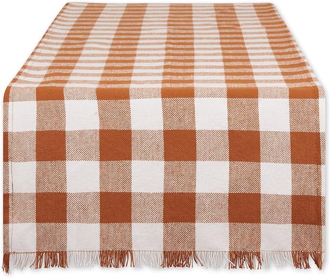 DII Heavyweight Fringed Check Tabletop Collection, Table Runner, 14x72, Cinnamon