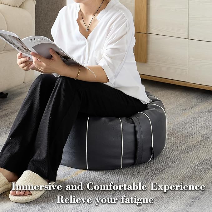 Louis Donné Unstuffed Pouf Ottoman Cover, Faux Leather Foot Stool for Foot Rest, Moroccan Style Pouffe Ottomans, 21" Round Handmade Small Bean Bag Covers for Storage, Footstools for Living Room