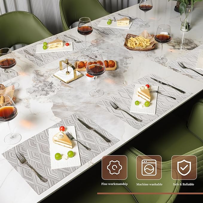 Vinyl Plastic Placemats Set of 6 Washable Heat Resistant Non-Slip Elegant Indoor Outdoor Kitchen Dining PVC Woven Table Place Mats (Brown Rhombus)