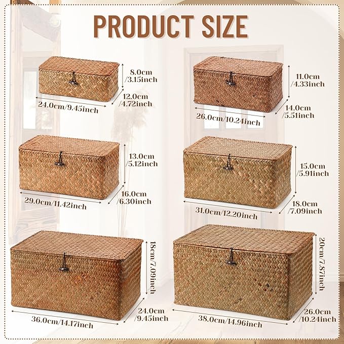 Kigley 6 Pcs Seagrass Basket with Lid Wicker Storage Decorative Boxes with Lids Bin Woven Organizer for Shelf Closet Bedroom, 6 Sizes(Classic Style,Dark Brown)